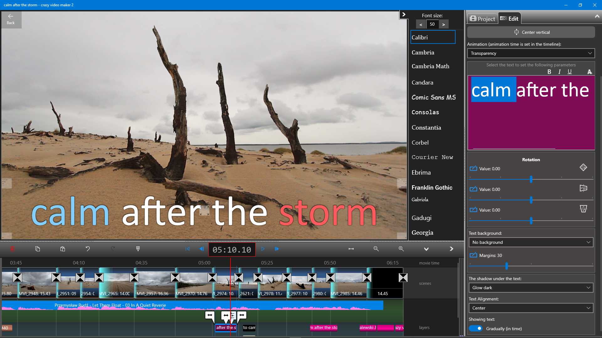 Text editing with font picker, color controls, and multi-track timeline