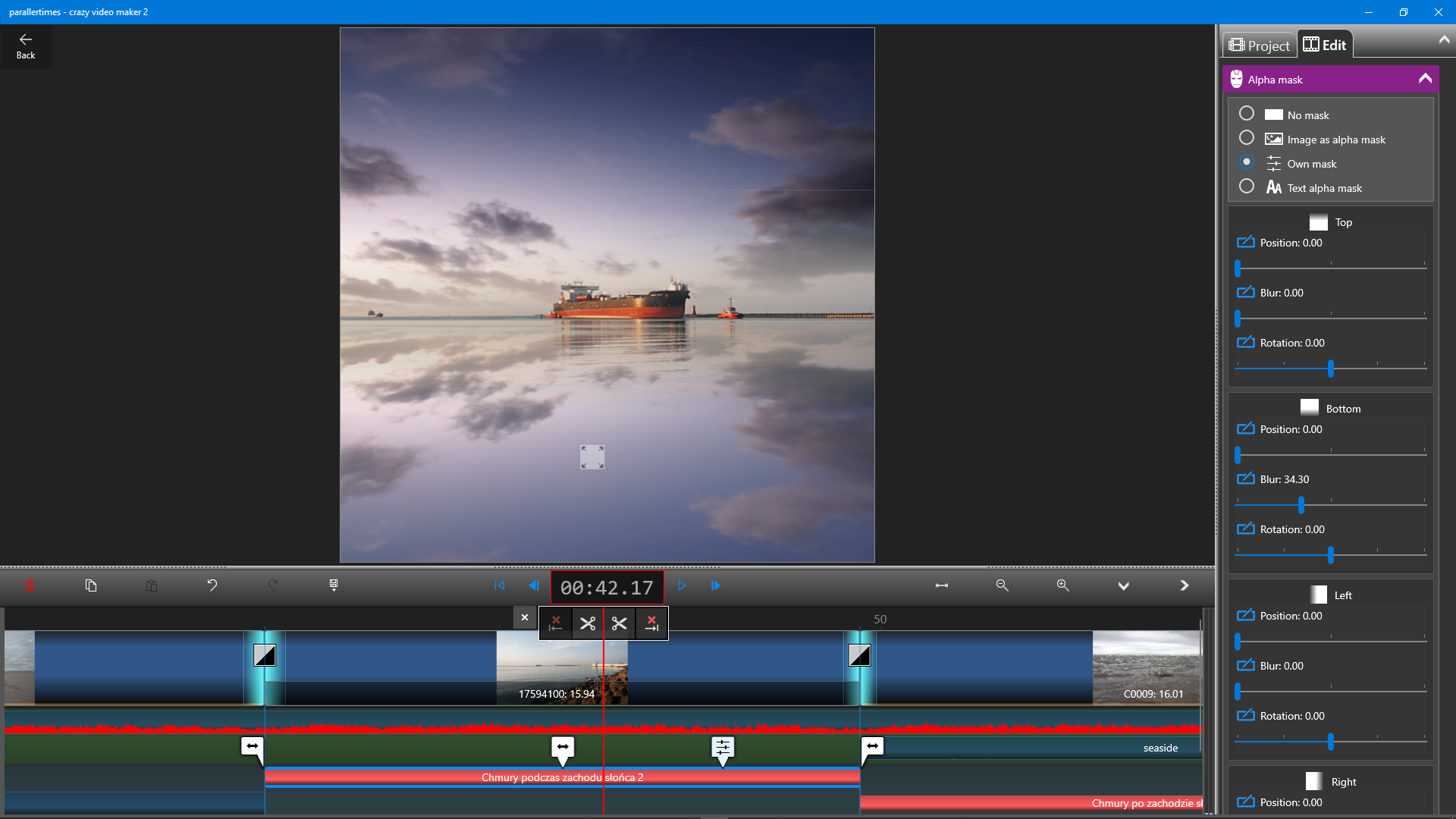 Cinematic video editing with multi-track timeline and alpha mask controls
